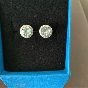 Blue Aquamarine Rhodium over Sterling Silver Diamond Stud Earrings